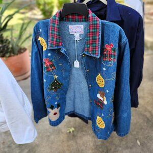 Tantrums Women Medium Embroidered Beaded Sequin Denim Christmas Button Shirt Top